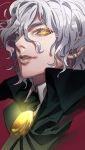  1boy black_cape cape collared_shirt commentary_request copyright_request grey_hair hair_between_eyes highres lips looking_at_viewer male_focus parted_lips red_background shirt simple_background smile solo tenobe upper_body white_shirt wing_collar yellow_eyes 