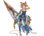  1girl animal_ears bangs blue_eyes breasts cailana erune full_body gold_trim granblue_fantasy minaba_hideo official_art solo surfboard swept_bangs transparent_background 