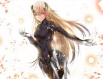  1girl beatless blonde_hair breasts fhilippedu floating_hair formal hair_between_eyes highres long_hair looking_at_viewer medium_breasts outstretched_arm parted_lips smile solo suit very_long_hair white_background yellow_eyes 