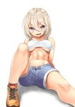  1girl abs bare_shoulders blue_eyes blush breasts camisole collarbone crop_top denim denim_shorts eyebrows_visible_through_hair hair_between_eyes highres jeans knee_up leaning_back looking_at_viewer medium_breasts midriff murata_taichi navel open_mouth original pants shoes short_shorts shorts sidelocks simple_background sitting sleeveless solo spread_legs toned unbuttoned under_boob white_hair 
