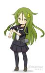  1girl black_legwear black_serafuku crescent crescent_hair_ornament dated depth_charge full_body green_eyes green_hair hair_ornament kantai_collection long_hair looking_at_viewer masara_(masalucky2010) nagatsuki_(kantai_collection) necktie pantyhose rolling_sleeves_up school_uniform serafuku simple_background sleeves_rolled_up solo standing twitter_username white_background white_neckwear younger 