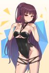  1girl black_swimsuit breasts collarbone contrapposto eyebrows_visible_through_hair girls_frontline hair_ribbon hands_on_own_shoulders highres long_hair looking_at_viewer manme one-piece_swimsuit ponytail purple_hair red_eyes ribbon skindentation swimsuit under_boob underboob_cutout wa2000_(girls_frontline) 