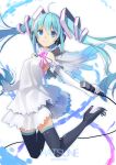 1girl 2018 ahoge aqua_hair bangs bare_shoulders black_footwear black_legwear blue_eyes blush boots breasts character_name closed_mouth commentary_request dress elbow_gloves eyebrows_visible_through_hair full_body gloves hair_between_eyes hair_ornament hatsune_miku headphones high_heel_boots high_heels highres holding holding_microphone long_hair looking_at_viewer makadamixa microphone sleeveless sleeveless_dress small_breasts smile solo thigh-highs thigh_boots twintails very_long_hair vocaloid white_background white_dress white_gloves 