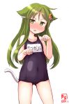  1girl animal_ears artist_logo blue_swimsuit blush cat_ears cat_tail commentary_request cowboy_shot crescent crescent_hair_ornament dated green_eyes green_hair hair_ornament highres kanon_(kurogane_knights) kantai_collection long_hair looking_at_viewer nagatsuki_(kantai_collection) name_tag paw_pose school_swimsuit simple_background solo swimsuit tail white_background 