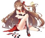  1girl breasts brown_hair chengdu_(oshiro_project) cleavage eyebrows_visible_through_hair familiar flower full_body hair_flower hair_ornament hair_ribbon long_hair looking_at_viewer necomi official_art oshiro_project oshiro_project_re panda red_eyes ribbon solo tearing_up torn_clothes transparent_background 