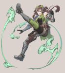  1girl :d boots bow brown_hair commentary_request copyright_request floating_hair green_bow green_eyes grey_background hair_bow long_hair looking_at_viewer nagi_itsuki open_mouth ponytail simple_background smile solo thigh-highs thigh_boots 