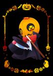  black_background border button_eyes candle cat chains dark_background flower food fruit hat hat_removed headwear_removed jack-o&#039;-lantern kirby&#039;s_epic_yarn kirby_(series) kurosiro lantern magician nintendo no_humans orange orange_border pumpkin red_neckwear rose solo squashini top_hat wand 