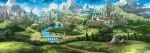  blue_sky bridge castle clouds commentary_request fantasy fog forest grass horizon mountain mountainous_horizon nagi_itsuki nature no_humans original outdoors river road scenery sky smoke tree valley 