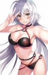 1girl ahoge arched_back bangs bikini black_bikini black_choker blush breasts choker cleavage collarbone commentary_request eyebrows_visible_through_hair fate/grand_order fate_(series) hair_between_eyes hand_up harimoji jeanne_d&#039;arc_(alter_swimsuit_berserker) jeanne_d&#039;arc_(fate)_(all) long_hair looking_at_viewer medium_breasts o-ring o-ring_bikini o-ring_bottom o-ring_top outstretched_arm silver_hair simple_background solo standing swimsuit v very_long_hair waist white_background yellow_eyes 