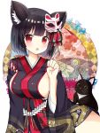  1girl :o animal animal_ears azur_lane bangs black_cat black_hair black_kimono blush breasts cat cat_ears cat_mask commentary_request eyebrows_visible_through_hair fang fingernails hand_up highres japanese_clothes kimono large_breasts long_sleeves looking_at_viewer mask mask_on_head nail_polish parted_lips pink_nails red_eyes revision ryoutan short_hair sideboob solo wide_sleeves yamashiro_(azur_lane) 
