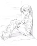  1girl bed braid commentary_request eyebrows_visible_through_hair from_side girls_und_panzer greyscale highres long_sleeves monochrome on_bed orange_pekoe pink_x shirt sitting smile solo undressing 
