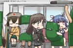  3girls :3 :d arashio_(kantai_collection) bike_shorts blue_hair brown_eyes brown_hair cane cannon commentary_request dated drum_(container) dungeon_ni_deai_wo_motomeru_no_wa_machigatteiru_darou_ka facial_hair fang flight_deck geta hachimaki hair_ribbon hamu_koutarou headband hiryuu_(kantai_collection) i-19_(kantai_collection) long_hair machinery multiple_girls mustache name_tag newspaper open_mouth pun red_eyes ribbon school_swimsuit side_ponytail sleeping sleeping_upright smile star star-shaped_pupils suspenders swimsuit symbol-shaped_pupils teruyof torpedo train_interior tri_tails zzz 