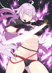  1girl ahoge bangs bikini black_bikini black_choker black_gloves black_jacket breasts choker cleavage commentary_request cropped_jacket eyebrows_visible_through_hair fate/grand_order fate_(series) gloves hair_between_eyes highres holding holding_sword holding_weapon jacket jeanne_d&#039;arc_(alter_swimsuit_berserker) jeanne_d&#039;arc_(fate)_(all) katana large_breasts long_hair navel o-ring o-ring_bikini o-ring_bottom o-ring_top open_mouth shrug_(clothing) silver_hair smile solo swimsuit sword two-cat-walk waist weapon yellow_eyes 