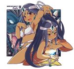  2girls :d armor bikini_armor bracelet breasts brown_eyes circlet cleavage copyright_name dark_skin dragon_quest dragon_quest_iv earrings eyebrows_visible_through_hair eyes_visible_through_hair fang gem jewelry loincloth long_hair manya mawaru_(mawaru) medium_breasts minea multiple_girls navel open_mouth outline outstretched_arm purple_hair siblings sisters smile straight_hair white_outline 