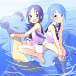  2girls :o afloat bare_arms bare_legs barefoot blue_eyes blue_hair blush creatures_(company) crossover dated game_freak gen_1_pokemon green_eyes hair_ribbon highres horn kantai_collection lapras long_hair looking_at_viewer minidraco multiple_girls neckerchief nintendo pokemon pokemon_(creature) ribbon riding sailor_collar samidare_(kantai_collection) smile suzukaze_(kantai_collection) water 