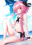  1boy astolfo_(fate) bangs bare_arms bare_legs bare_shoulders bikini bikini_skirt black_bow black_ribbon black_scrunchie blue_sky blush bow braid clouds collarbone commentary day eyebrows_visible_through_hair fate/grand_order fate_(series) food food_in_mouth groin hair_between_eyes hair_bow hair_intakes hair_over_shoulder hair_ribbon highres horizon knee_up layered_skirt long_hair looking_at_viewer male_focus multicolored_hair navel ocean otoko_no_ko outdoors pink_hair popsicle ribbon scrunchie shiny shiny_hair sideways_glance single_braid sitting skirt sky solo stomach streaked_hair sunlight swimsuit takatun223 trap very_long_hair violet_eyes white_bikini white_skirt wind wrist_scrunchie 