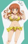  1girl ass_visible_through_thighs bangs bikini bikini_skirt blunt_bangs blush breasts commentary_request frilled_bikini frills front-tie_bikini front-tie_top girls_und_panzer kumagapaniti long_hair looking_at_viewer medium_breasts navel notice_lines open_mouth orange_eyes orange_hair partial_commentary sketch solo standing swimsuit takebe_saori w_arms wardrobe_malfunction yellow_bikini 