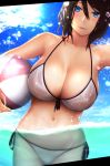  ball beachball big.g bikini blue_eyes breasts brown_hair clouds dutch_angle highres large_breasts lips looking_at_viewer navel original partially_submerged see-through side-tie_bikini sky standing swimsuit water white_swimsuit 