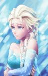  1girl bare_shoulders blonde_hair blue_dress blue_eyes braid breasts close-up commentary dress elsa_(frozen) english_commentary flower freckles frozen_(disney) hair_flower hair_ornament hair_over_shoulder highres jitome light_smile long_hair looking_down medium_breasts off_shoulder oopartz_yang single_braid snowflakes solo upper_body 