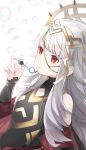  1girl bubble bubble_blowing cleavage_cutout crown detached_sleeves fire_emblem fire_emblem_heroes grey_hair hair_ornament highres long_hair nintendo parted_lips red_eyes ringozaka_mariko simple_background solo veronica_(fire_emblem) white_background 