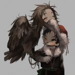  1boy 1girl artist_name biting biting_clothes black_hair brown_eyes brown_feathers brown_hair closed_eyes coat earrings facing_viewer falconry falconry_glove feathers fur-trimmed_coat fur_hat fur_trim gloves grey_background grey_gloves harpy hat human_head ishida_umi jewelry long_sleeves looking_at_another medium_hair messy_hair monster_girl one_eye_closed open_mouth original red_headwear simple_background single_glove standing upper_body watermark 