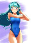  1girl absurdres blue_eyes blue_swimsuit competition_swimsuit covered_navel cowboy_shot green_hair highres horns long_hair looking_to_the_side lum makeup nanao_futaba one-piece_swimsuit pointy_ears smile solo stretch swimsuit two-tone_background urusei_yatsura 