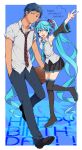  1boy 1girl 2018 :d ahoge aomine_daiki basketball black_eyes black_hair black_legwear black_skirt blue_background blue_eyes blue_hair blue_neckwear boots commentary_request crossover dated detached_sleeves full_body hand_in_pocket happy_birthday hatsune_miku headset highres kuroko_no_basuke long_hair necktie open_mouth pleated_skirt red_neckwear shirt short_hair short_sleeves skirt smile standing standing_on_one_leg striped_neckwear thigh-highs thigh_boots tooru_(jux) trait_connection twintails v very_long_hair vocaloid white_shirt zettai_ryouiki 