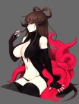  1girl bare_shoulders black_legwear black_panties breasts brown_eyes brown_hair closed_mouth commentary elbow_gloves english_commentary fingerless_gloves gloves grey_background horns large_breasts long_hair navel original pale_skin panties simple_background sitting solo tentacle teru_(renkyu) thigh-highs underwear 