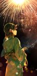 1girl brown_eyes brown_hair commentary_request fireworks floral_print from_behind green_kimono hair_ornament holding japanese_clothes kimono kinchaku long_sleeves looking_up night night_sky obi open_mouth original pouch sasamori_tomoe sash sky solo summer_festival wide_sleeves 