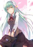  1girl bag bangs black_skirt blush bow bowtie breasts buttons cherry_blossoms closed_mouth collared_shirt eyebrows_visible_through_hair fate/grand_order fate_(series) floating_hair gradient_hair green_hair hair_between_eyes hair_ornament highres hinot holding holding_bag kiyohime_(fate/grand_order) long_hair long_sleeves looking_at_viewer multicolored_hair petals pleated_skirt school_bag school_uniform shirt skirt smile solo thigh-highs uniform very_long_hair white_shirt wind yellow_eyes zettai_ryouiki 