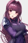  1girl bodysuit breasts commentary_request covered_navel cowboy_shot crossed_arms eyebrows_visible_through_hair fate/grand_order fate_(series) grey_background hair_intakes highres large_breasts long_hair looking_at_viewer open_mouth pauldrons purple_bodysuit purple_hair red_eyes scathach_(fate)_(all) scathach_(fate/grand_order) shoulder_armor simple_background solo yuipumo 