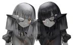  2girls bangs black_hair brown_eyes closed_mouth commentary_request eyebrows_visible_through_hair eyepatch girls_frontline grey_hair head_tilt headpiece highres long_hair lunacats monochrome multiple_girls nyto_obelisk_(girls_frontline) nyto_polarday_(girls_frontline) simple_background smile spot_color very_long_hair whisker_markings white_background 