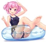  1girl barefoot breasts doki_doki_literature_club eyebrows_visible_through_hair hair_ornament hair_ribbon highres innertube looking_at_viewer medium_breasts naka natsuki_(doki_doki_literature_club) open_mouth pink_eyes pink_hair red_ribbon ribbon school_swimsuit short_hair solo swimsuit two_side_up v white_background 