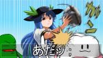  1girl bangs black_hat blue_hair closed_mouth commentary_request hat hinanawi_tenshi hitting keystone leaf long_hair open_mouth red_eyes short_sleeves shundou_heishirou sidelocks tooth touhou 
