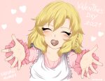  1girl bandaid blonde_hair blush candy chocolate closed_mouth food heart heart-shaped_chocolate highres idolmaster idolmaster_cinderella_girls mouth_hold mrhunking outstretched_arms sakurai_momoka short_hair valentine 