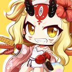  1girl bangs bare_shoulders blonde_hair brown_eyes candy_apple chibi chocolate_banana corn cotton_candy dutch_angle facial_mark fang fate/grand_order fate_(series) floral_print flower food forehead_mark grin hair_flower hair_ornament holding holding_food horns ibaraki_douji_(fate/grand_order) ibaraki_douji_(swimsuit_lancer)_(fate) japanese_clothes kimono long_hair long_sleeves looking_at_viewer oni oni_horns open_clothes open_kimono parted_bangs pink_kimono print_kimono red_flower revision sausage shachoo. shadow smile solo strapless strapless_swimsuit swimsuit very_long_hair white_swimsuit wide_sleeves yellow_background 