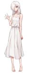  1girl bare_arms bare_shoulders barefoot closed_mouth dress full_body grey_eyes hand_up highres long_dress long_hair looking_at_viewer oopartz_yang original pigeon-toed simple_background smile solo sundress waving white_background white_dress white_hair 