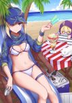  2girls ;) afterimage ahoge ahoge_wag baseball_cap beach beer_bottle between_fingers bikini blonde_hair blue_eyes blue_hat blue_ribbon blue_sky blurry_foreground blush blush_stickers breasts can cat chair character_request cleavage closed_mouth clouds coconut_tree cooler expressive_hair fate/grand_order fate_(series) feet_out_of_frame flag food hair_between_eyes hat highres holding holding_food hood hood_up ice ice_cream ice_cream_spoon long_sleeves looking_at_viewer lounge_chair lying medium_breasts melting motion_lines multiple_girls mysterious_heroine_xx_(foreigner) navel ocean on_back one_eye_closed palm_tree ponytail popsicle ribbon sand shiunnkaku short_hair shrug_(clothing) side-tie_bikini sidelocks sky smile soda_can solo_focus spoon stomach striped sundae sweatband swimsuit table tablecloth thigh_strap tree white_bikini white_cat yellow_eyes zipper 