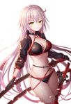  1girl bikini black_bikini black_choker black_gloves black_jacket blush breasts choker cleavage closed_mouth commentary_request eyebrows_visible_through_hair fate/grand_order fate_(series) gloves highres jacket jeanne_d&#039;arc_(alter_swimsuit_berserker) jeanne_d&#039;arc_(fate)_(all) katana long_hair long_sleeves looking_at_viewer medium_breasts navel red_legwear seungju_lee silver_hair simple_background single_thighhigh smile solo swimsuit sword thigh-highs very_long_hair weapon white_background yellow_eyes 