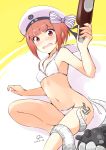  1girl 2018 absurdres beer_bottle beret bikini blush bottle brown_eyes brown_hair collarbone dated enemy_naval_mine_(kantai_collection) eyebrows_visible_through_hair hat highres holding holding_bottle kantai_collection looking_at_viewer minidraco navel nose_blush number open_mouth sailor_collar short_hair sitting sweatdrop swimsuit tentacle untied untied_bikini white_bikini white_hat z3_max_schultz_(kantai_collection) 