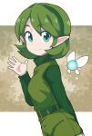  1girl blue_eyes blush breasts cowboy_shot eyebrows_visible_through_hair fairy green_hair hairband highres long_sleeves looking_at_viewer miniskirt navi nazonazo_(nazonazot) nintendo pointy_ears ribbed_sweater saria short_hair skirt small_breasts smile sweater the_legend_of_zelda turtleneck turtleneck_sweater vest waving 