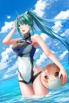  1girl :d aqua_eyes aqua_hair ball bangs bare_arms bare_shoulders beachball bird blue_sky breasts clouds cloudy_sky covered_navel day fingernails hair_between_eyes high_ponytail highres large_breasts long_hair nintendo one-piece_swimsuit open_mouth outdoors pneuma_(xenoblade) ponytail redpoke seagull sky smile solo spoilers swimsuit teeth thighs tiara tora_(xenoblade) very_long_hair wading water xenoblade_(series) xenoblade_2 