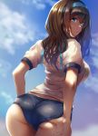  1girl ass bangs blue_buruma blue_eyes blue_sky blush breasts brown_hair buruma gym_shirt hair_between_eyes hairband highres hips idolmaster idolmaster_cinderella_girls large_breasts long_hair looking_at_viewer looking_back nohito sagisawa_fumika shirt sky solo white_shirt 