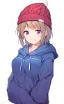  1girl beanie blue_hoodie blush brown_hair closed_mouth commentary_request copyright_request eyebrows_visible_through_hair hands_in_pockets hat highres hood hood_down long_sleeves looking_at_viewer short_hair simple_background smile solo sora_from_france upper_body violet_eyes white_background 