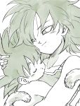  1boy 1girl armor baby bare_arms bare_shoulders black_hair carrying close-up closed_eyes commentary_request dragon_ball expressionless eyelashes fingernails gine greyscale hair_over_one_eye hand_on_another&#039;s_head highres hug looking_at_another monochrome mother_and_son short_hair simple_background sleeping smile son_gokuu spiky_hair tail tkgsize upper_body white_background 