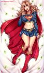  1girl blonde_hair blue_skirt breasts cape covered_nipples crop_top crystal dakimakura dc_comics full_body kachima kryptonite lying medium_breasts midriff miniskirt navel on_back red_footwear skirt sleeves_past_wrists solo supergirl superhero superman_(series) watermark web_address 