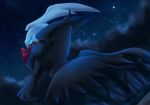  blue_eyes clouds commentary_request creatures_(company) dark darkrai from_behind game_freak gen_4_pokemon glowing glowing_eyes kurosiro looking_at_viewer looking_back night night_sky nintendo no_humans pokemon pokemon_(creature) sky solo star_(sky) starry_sky 