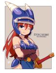  1girl armlet armor bangs bare_shoulders black_eyes blue_armor blue_helmet breasts brown_gloves cleavage collarbone copyright_name crossed_arms daisy_(dq) dragon_quest dragon_quest_yuusha_abel_densetsu eyebrows_visible_through_hair eyes_visible_through_hair gloves hair_between_eyes helmet horned_helmet horns mawaru_(mawaru) medium_breasts one_eye_closed redhead smile solo straight_hair sword v-shaped_eyebrows weapon 