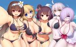  5girls :d absurdres ahoge asamura_hiori bangs bare_arms bare_shoulders bikini black-framed_eyewear black_bikini black_hairband blonde_hair blue_eyes blue_sky blush braid breasts brown_hair cleavage clouds collarbone commentary_request covered_navel day dress dress_swimsuit eyebrows_visible_through_hair fate/grand_order fate_(series) flower foreshortening glasses green_eyes groin hair_between_eyes hair_bun hair_flower hair_ornament hair_over_one_eye hairband hands_up head_tilt highres jeanne_d&#039;arc_(alter_swimsuit_berserker) jeanne_d&#039;arc_(fate)_(all) jeanne_d&#039;arc_(swimsuit_archer) katsushika_hokusai_(fate/grand_order) large_breasts leaning_forward long_hair looking_at_viewer magatama magatama_necklace mash_kyrielight multiple_girls navel open_mouth osakabe-hime_(fate/grand_order) outdoors outstretched_arm painting_summer pale_skin purple_bikini side-tie_bikini side_bun silver_hair single_braid sky smile swimsuit swimsuit_of_perpetual_summer very_long_hair violet_eyes white_dress white_flower white_hairband 