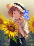  1girl blurry blurry_background brown_eyes brown_hair bug butterfly floral_background flower hat highres insect lee_hyeseung lips mole mole_under_eye original short_hair smile solo sun_hat sunflower 